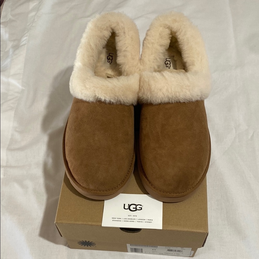 UGG Chestnut Suede Slippers with Cream Sheepskin